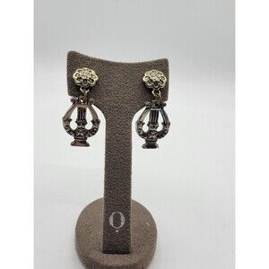 Vintage Silver tone Lyre Screw back Dangle earrings